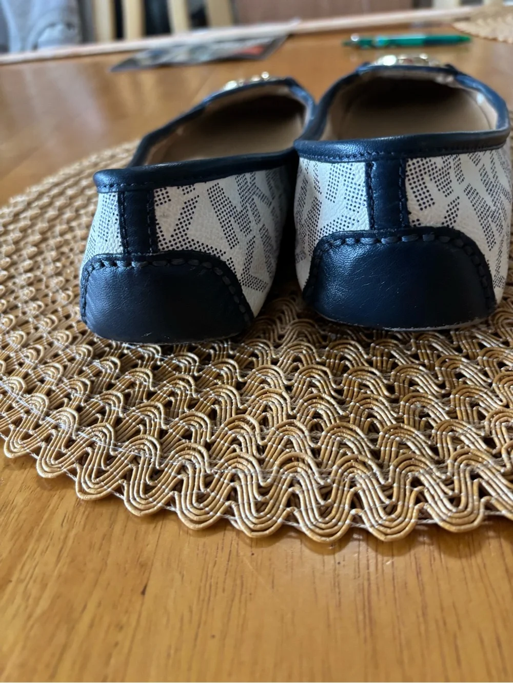Michael Kors White and Navy Logo Leather Trim Flats